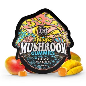 picture of the package for tre house magic mushroom gummies, flavored with mago.