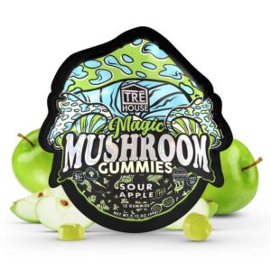 Picture of the package for Tre House magic mushroom gummies with a sour apple flavor.