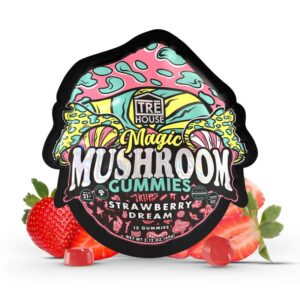 picture of the package for tre house magic mushroom gummies with the flavor strawberry dream.