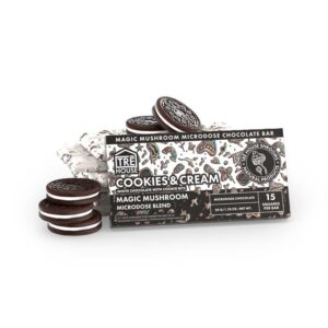 picture of tre house magic mushroom chocolate bar with the flavor cookies and cream.