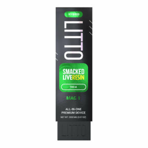 A picture of LITTO Hemp's MAC 1 Indica Disposable Vape Pen offers 2,000mg THCA, a unique flavor, and is rechargeable and discreet.