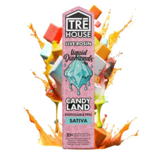 picture of Tre House brand disposable vape with the strain candy land.
