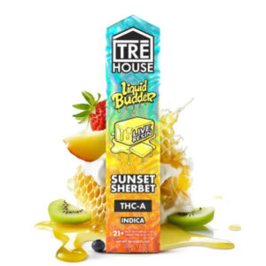 A Picture of the new Tre House product sunset sherbet indica THCA live resin liquid budder vape pen.