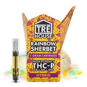 A picture of the Tre House product THC-P vape cart with the strain Rainbow Sherbet.