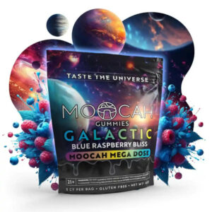 A photo rendition of the Moocah mushroom gummies with the flavor Blue Raspberry Bliss.
