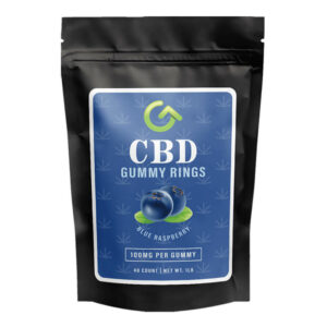 A photo render of a bag of 100mg CBD gummy rings from Good CBD